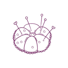 Hand drawn pincushion with pins and needles isolated on white background