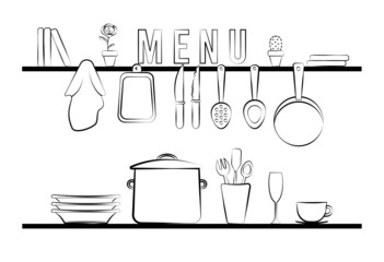 Set of kitchen accessories decorated with a flower in a pot and books.