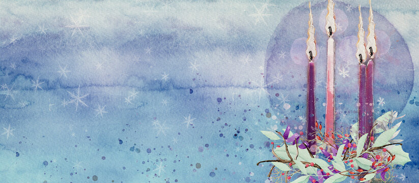 Advent Wreath with Candles. Watercolor christian background..