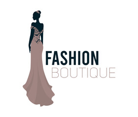 Silhouette of a woman in an elegant long dress. Vector template for the beauty and fashion industry.