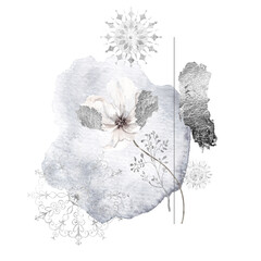 Watercolor winter illustration with frozen flowers and leaves, snowflakes and silver texture, isolated on white background