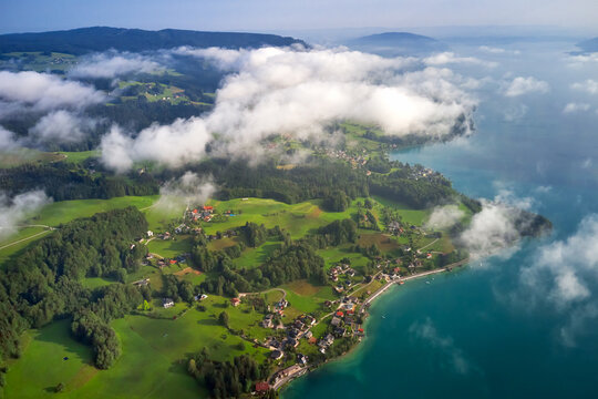 areal shot landscape from above in sunrise.