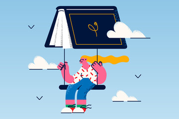 Happy girl reader fry on book as parachute - obrazy, fototapety, plakaty