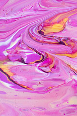 Fluid art painting. Abstract decorative marble texture. Background with liquid acrylic. Mixed paints for poster or wallpaper. Modern art. White, purple and golden colors.