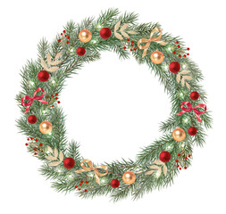 Fototapeta na wymiar Christmas wreath of fir branches with red balls and bows, watercolor illustration