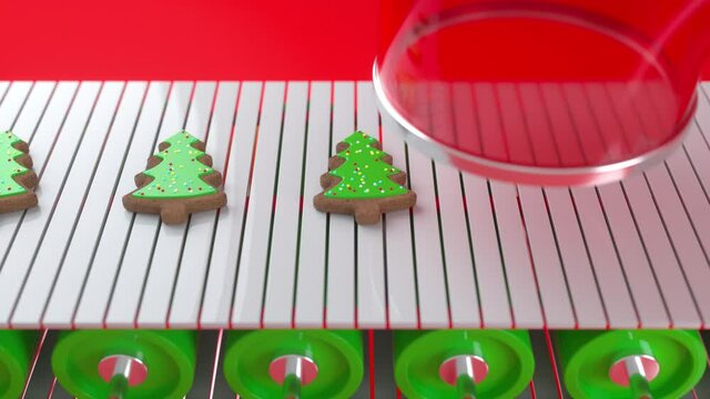 Christmas cookies in the form of Christmas trees moving along a conveyor. Santa's Christmas toy factory at the North Pole. Conveyor belts with Christmas presents. Seamless looping 3d animation 4K