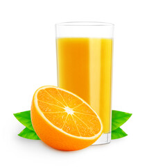fresh orange juice in a tall glass. half an orange and orange tree leaves. full depth of field. isolated objects on white background clipping path. ready to use