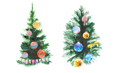 A collection of Christmas trees decorated with balloons, a bow and flags, isolated on a white background. Watercolor drawing for postcard design.