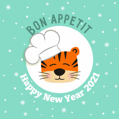Cute New Year card with a wish and a cartoon tiger in a chef's hat - a symbol of 2022. Phrase - Bon Appetit. Vector illustration for the design of postcards, calendars, posters and banners.