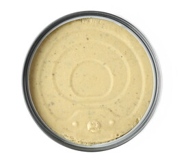 Hummus, chickpea and pumpkin seeds in tin can, isolated on white background, top view