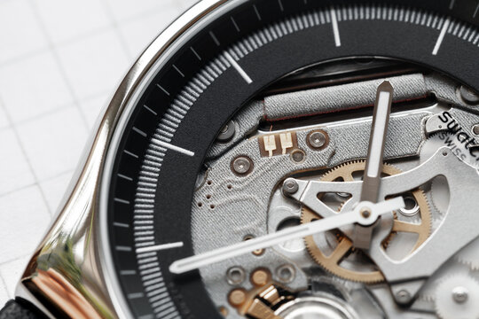 Modern Swatch skeleton wrist watch with quartz movement