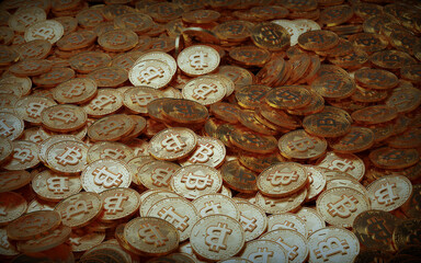 Fototapeta na wymiar Stack of golden Bitcoin BTC coins in blurry closeup with copy space above in blurred area. 3D rendering