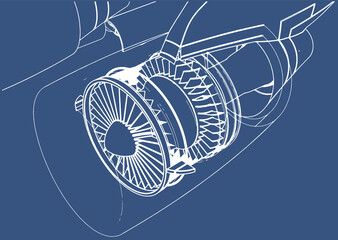 Jet Engine in an Airplane. X-ray. Outline style. Vector illustration.