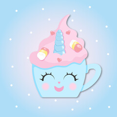 birthday card cute unicorn in a coffee cup with cream and marshmallows