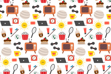 Seamless repeating pattern with cozy household items. Morning and evening routine. Vector illustration.