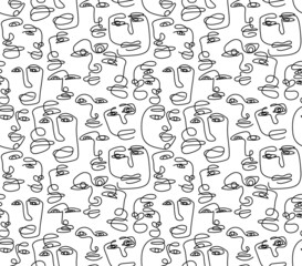 Seamless pattern with a man drawn in one line in an elegant minimalist style. Abstract face of woman and man. Contour silhouette of persons. Vector illustration background design.