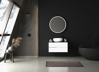 Dark bathroom interior with concrete  floor, black bathtub, shower and oval mirror, front view. Minimalist black bathroom with modern furniture. 3d rendering

