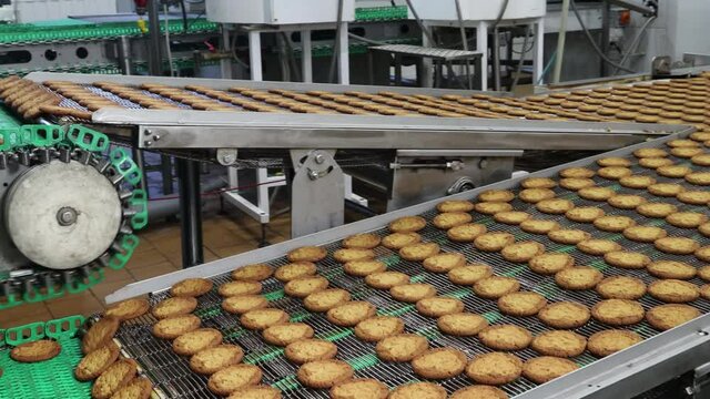 conveyor at the confectionery factory for the production of sweet cookies