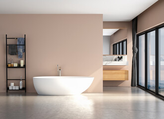 Minimalist bathroom interior with concrete floor,beige wall background, white bathtub, front view. Minimalist bathroom with modern furniture. 3D rendering