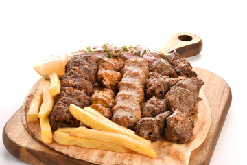 Kebab, traditional Turkish, Greek meat and chickens food, isolated on white background