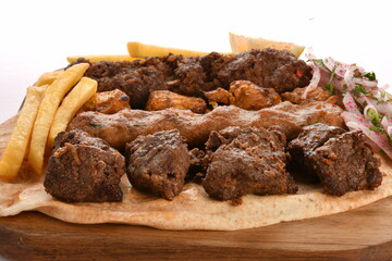 Kebab, traditional Turkish, Greek meat and chickens food, isolated on white background