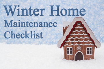 Winter home maintenance checklist with house and snow