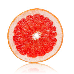 Slice of pink grapefruit isolated on white background.