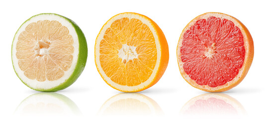 Citrus fruits halves collection of grapefruit, orange and sweetie isolated on white background.