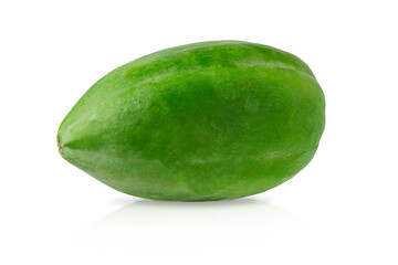 Whole green papaya isolated with clipping path on white background. Vegetarian food concept.