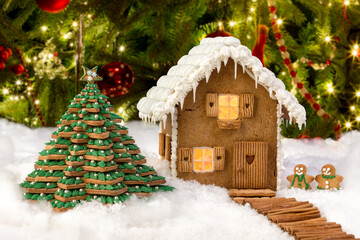 Edible christmas tree and gingerbread house