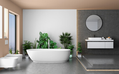 Naklejka na ściany i meble Minimalist bathroom interior with concrete floor, white wall background, beautiful plants, beige bathtub, beige toilet, front view. Minimalist bathroom with modern furniture. 3D rendering