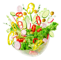 Fresh vegetable salad in transparent bowl with flying ingredients isolated on white. Proper...