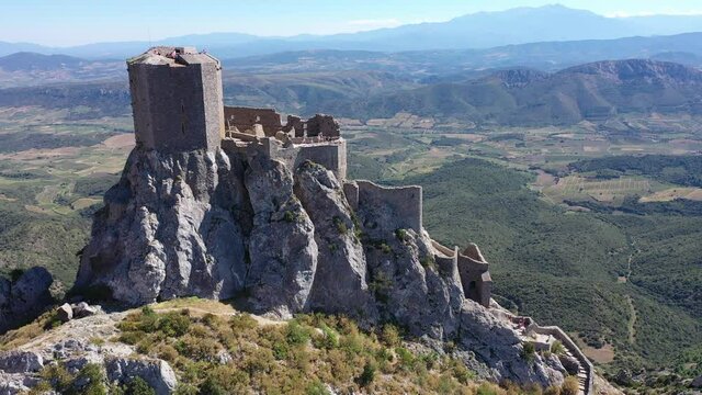 Panoramic view of castle Chateau de Queribus. Aude department. Languedoc-Roussillon region. France