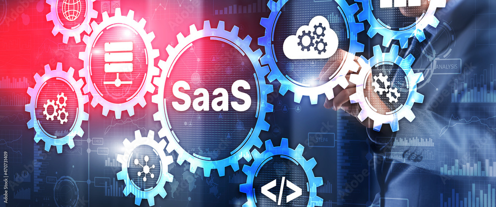 Poster saas software as a service concept with hand pressing text