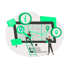 Company information abstract concept vector illustration. About us, contact us, get directions, website menu, starting web page, business profile, office information, navigation abstract metaphor.