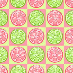 Pink grapefruit and green lime checkerboard seamless pattern. Hand drawn freehand vector illustration in vibrant colors. Exotic colorful design for textile, wrapping paper, covers, wallpapers.