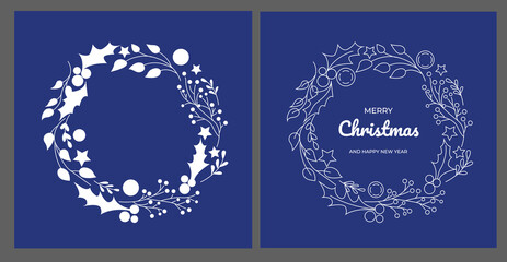 Christmas wreath with different plants. Christmas cards