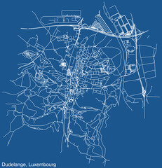 Detailed technical drawing navigation urban street roads map on blue background of Luxembourgish regional capital city of Dudelange, Luxembourg