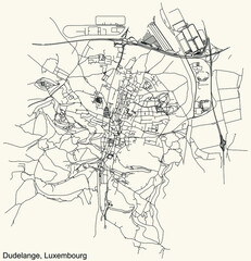 Detailed navigation urban street roads map on vintage beige background of the Luxembourgish regional capital city of Dudelange, Luxembourg