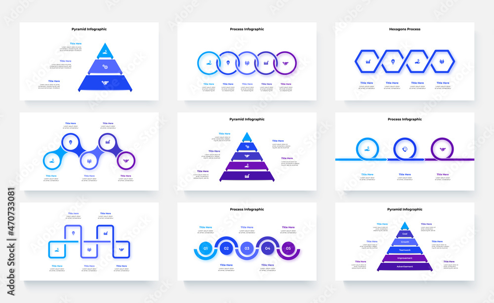 Poster set of nine infographics templates. slides with pyramids, diagrams and timelines elements. business 