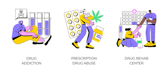 Fototapeta premium Drug addiction abstract concept vector illustration set. Drug monitoring, prescription medication abuse, rehab center, overdose, therapy clinic, ankle bracelet, detox abstract metaphor.