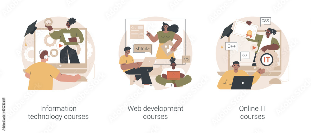 Poster it education abstract concept vector illustration set. information technology courses, web developme