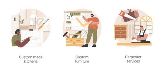 Home renovation abstract concept vector illustration set. Custom made kitchen and furniture, carpenter services, bespoke design idea, backsplash tile, artisan manufacturing abstract metaphor.