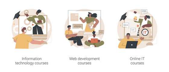 IT education abstract concept vector illustration set. Information technology courses, web development tutprials, online IT training, frontend and backend certification, computing abstract metaphor.