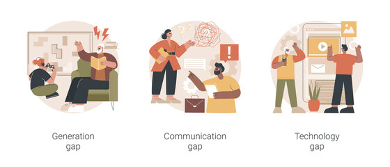 People diversity abstract concept vector illustration set. Generation and communication gap, technology gap, society development, information exchange, digital divide, relationship abstract metaphor.