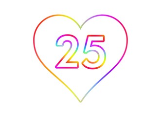 Number 25 into a white heart with rainbow color outline.