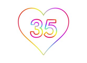 Number 35 into a white heart with rainbow color outline.