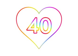 Number 40 into a white heart with rainbow color outline.