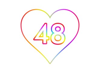 Number 48 into a white heart with rainbow color outline.
