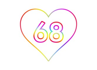 Number 68 into a white heart with rainbow color outline.